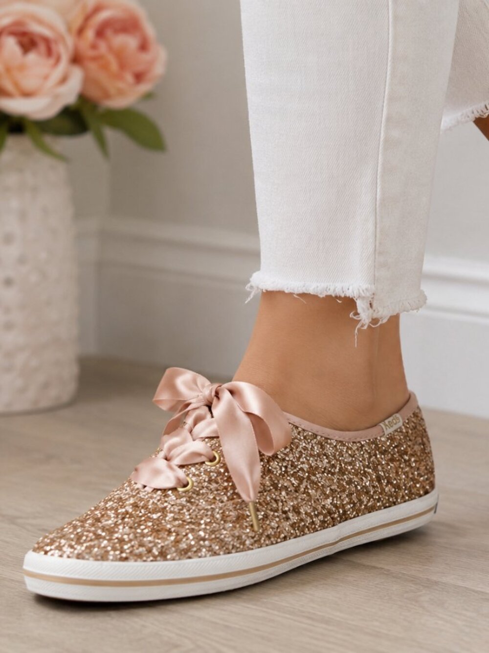 Keds x Kate Spade Rose Gold Glitter Sneakers Ribbon Lace Size 7.5